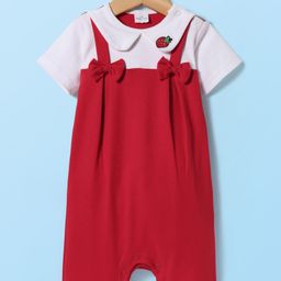 Mark & Mia Interlock Knit Half Sleeves Peter Pan Collated Cut & Sew Romper with Bow Applique & Strawberry Embroidery - Red & White-image-27