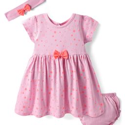 Babyhug Single Jersey Knit Half Sleeves Stars Printed Frock with Bloomer Headband & Bow Applique - Pink-image-59