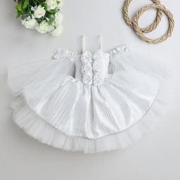 TINY MINY MEE Cold Shoulder Three Fourth Flutter Sleeves Bow Applique Detailed Abstract Foil Printed Dress - White-picture-16
