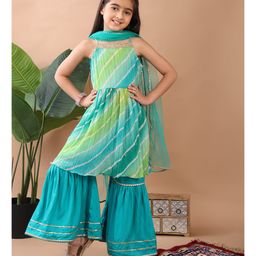 Kinder Kids Cotton Blend Sleeveless Leheriya Printed & Gota Late Embellished Kurta Sharara With Dupatta Set - Green-image-72