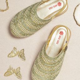 Mine Sole Pearls & Stones Embellished Button Closure Ballerinas - Golden-image-67