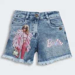 Barbie by Tiny Girl Denim Character Printed Frayed Shorts - Light Blue-picture-19