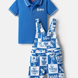 Babyhug Single Jersey Knit Dungaree & Half Sleeves Polo T-Shirt With Beach Theme Print - Blue & White-image-57
