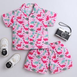 The Magic Wand Cotton Woven Half Sleeves Dinosaur Printed Coordinating Night Suit Set - Pink-image-9