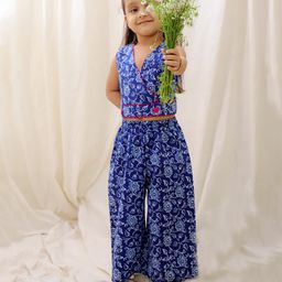 BownBee Pure Cotton Sleeveless Floral Printed Crop Top With Coordinating Palazzo Set - Blue-image-3