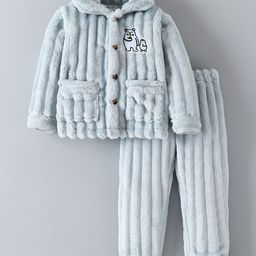 Mark & Mia Full Sleeves Solid Color Front Open Fur Co-ords Winter Night Suit with Animal Patch Detailing - Light Blue-image-29
