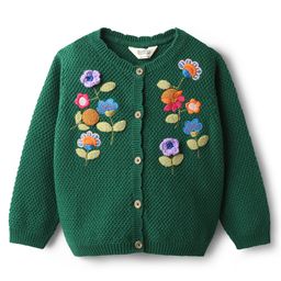 Bonfino 100% Cotton Knit Full Sleeves Front Open Sweater With Floral Embroidery - Green-picture-9