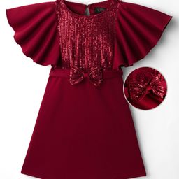 Hola Bonita Knit Flutter Sleeves Party Dress With Sequin Detailing & Bow Applique - Maroon-picture-3