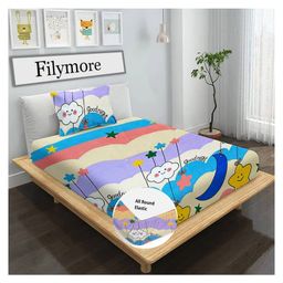 Filymore Kids Elastic fitted Good Night Theam single bedsheet with one pillow cover made with pure microfiber((colour-Beige)-image-77