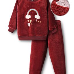 Mark & Mia Fur Knit Full Sleeves Winter Wear Sweatshirt & Lounge Pant Set With Rainbow Embriodery - Maroon-picture-12