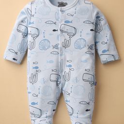 Mini Taurus Interlock Knit Full Sleeves Footed Sleep Suits with Sea Life Print - Sky Blue-image-81