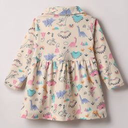 CUCUMBER Interlock Knit Full Sleeves Front Open Frock With Dino Print - White image 2