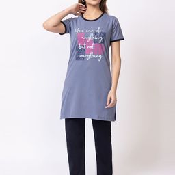 Lady Leaf Women Typography Printed Longline T-shirt & Pyjamas Night suit-18