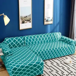 GIFTS ISLAND Teal & White 2 Pcs Printed L Shaped 6 Seater Sofa Cover With Arms-image-90