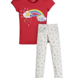 PLUM TREE Girls Red & Cream-Coloured Graphic Printed Cotton T-shirt with Pyjamas-45