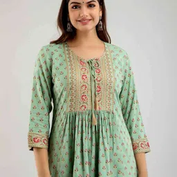 DMP EXPORT Women Embroidered Keyhole Neck Flared Sleeves Thread Work Handloom Kurta-22