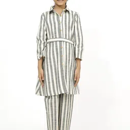 TJORI Girls Striped Printed Pure Cotton Shirt Styled Kurta With Trousers-image-62