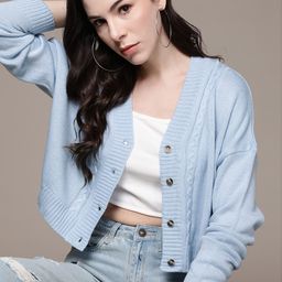 The Roadster Lifestyle Co. Solid Cable Knit Drop-Shoulder Sleeves Acrylic Cardigan-image-66