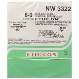 Ethicon 38 cm 8-0 USP Black Ethilon Black Monofilament Spatulated Micro-Point Suture NW3322 Pack of 12 Pcs-image-11