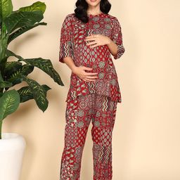 Moms Ever Printed Round Neck Pure Cotton Top With Trousers Maternity Co-Ords-image-31