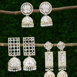 PRIVIU Set of 3 Gold-Plated Geometric Jhumkas Earrings-81