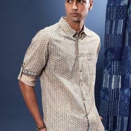 Taavi Pure Cotton Geometric Printed Roll-Up Sleeves Kalamkari Casual Shirt-image-37