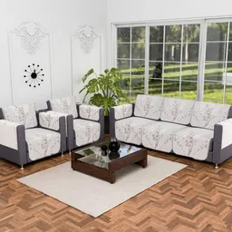 RUBOXA Cream-Coloured & Black Printed Cotton Sofa Cover With Arms-image-24