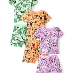 Bonfino 100% Cotton Knit Half Sleeves Night Suit Monkey Print Pack Of 3 - Lavender Green & Orange-picture-18