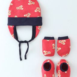 Babyhug 100% Cotton Knit Teddy Printed Cap Mittens & Booties Set Red - Diameter - 10.5 cm-image-81