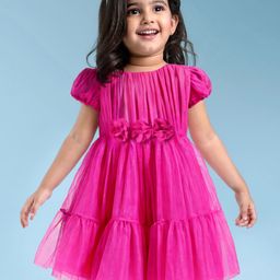 Babyhug Woven Half Puffed Sleeves Solid Color Party Frock with Floral Applique - Dark Pink-image-46
