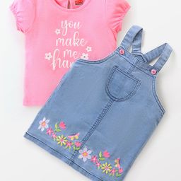 Babyhug Denim Floral Embroidery Frock with Half Sleeves T-Shirt - Pink & Blue-image-18