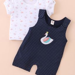 ToffyHouse Cotton Dungaree Style Romper with Half Sleeves Tee Swan Print & Applique - Navy Blue-image-15