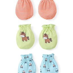 Babyhug 100% Cotton Mittens Pony Print Pack Of 3 - Multicolour-27