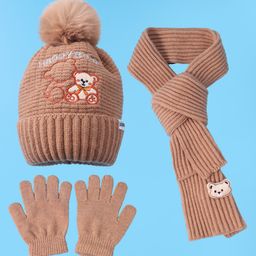 Babyhug Woolen Cap Gloves & Muffler Set Bear Design - Brown-image-77