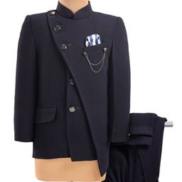 Robo Fry Knit Full Sleeves Solid Colour Jhodhpuri Coat & Trouser Set - Navy Blue-image-71