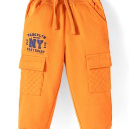 Babyhug Terry Knit Full Length Lounge Pant with Cargo Pocket & Text Print - Orange-image-50