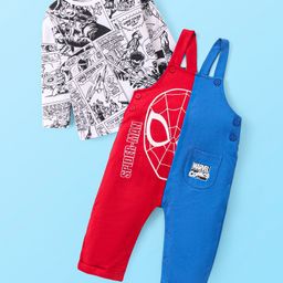 Babyhug Marvel Cotton Knit Full Sleeves Spider Man Graphic T-Shirt & Full Length Cut & Sew Dungaree Set - Red & Navy Blue-image-22