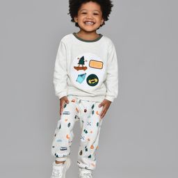 Mi Arcus Full Sleeves Explore Text Embroidered & Tree Printed Sweatshirt With Pajama - Off White-picture-5