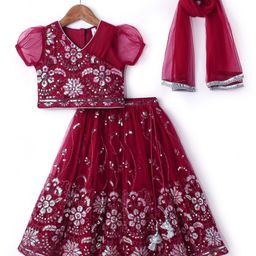 Babyhug Woven Puffed Sleeves Sequin Embroidered Choli Lehenga Set with Dupatta - Red-image-28