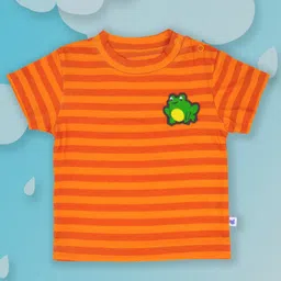 Pranava 100% Organic Cotton Half Sleeves Frog Embroidered Striped Tee - Orange-picture-20