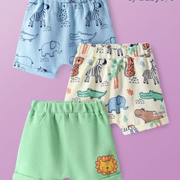 Babyoye 100% Cotton Knit Shorts With Eco Jiva Finish & Animal Print Pack of 3 - White Green & Blue-image-41