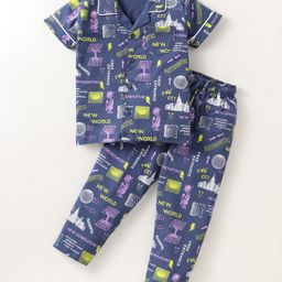 Doreme Single Jersey Knit Half Sleeves Night Suit With Text Print - Navy Blue-picture-28