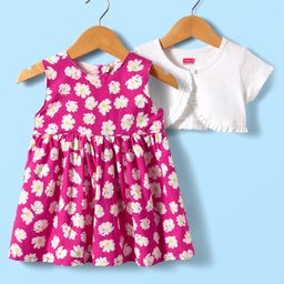 Babyhug Cotton Woven Half Sleeves Shrug & Frock With Floral Print - Dark Pink-image-22