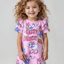 Babyhug DIsney Single Jersey Knit Half Sleeves Nighty With Daisy Duck Print & Frill Detailing - Pink-image-70