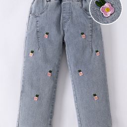 Mark & Mia Full Length Washed Denim Jeans With Floral Embroidery - Blue-picture-6