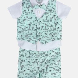 MINI KLUB Cotton Half Sleeves Houses Printed 3 Piece Party Suit Set With Bow - Teal Blue-picture-9