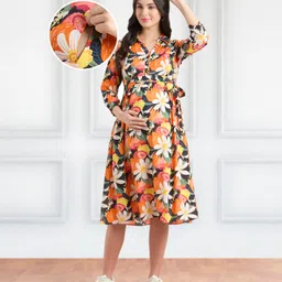 Bella Mama Woven Three Fourth Sleeve Maternity Shirt Dress With Floral Print - Black & Orange-picture-44