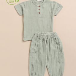 Cot & Candy Organic Cotton Half Sleeves Solid Tee & Lounge Pant Set - Sage-image-94