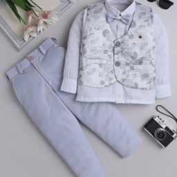 Fourfolds Full Sleeves Solid Shirt With Abstract Printed Waistcoat Trousers & Bow Set - Grey-image-59