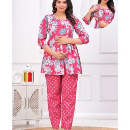 CeleBravo Three Fourth Sleeves Floral Printed Maternity Kurta With Pant & Concealed Zipper Nursing Access - Pink-image-110